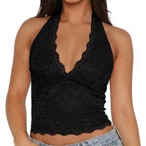 Black Lace Halter Going Out Double Lined Tank Top